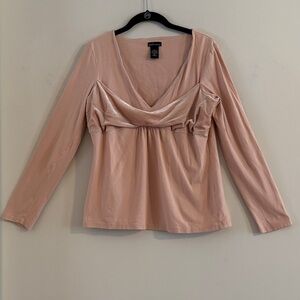 Moda International Blush V-Neck Blouse Velvet Trim Size XL